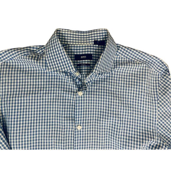 Men' Hogo Boss Blue White Checkered Button Down Long Sleeve Shirt Size 16.5 - Picture 1 of 8